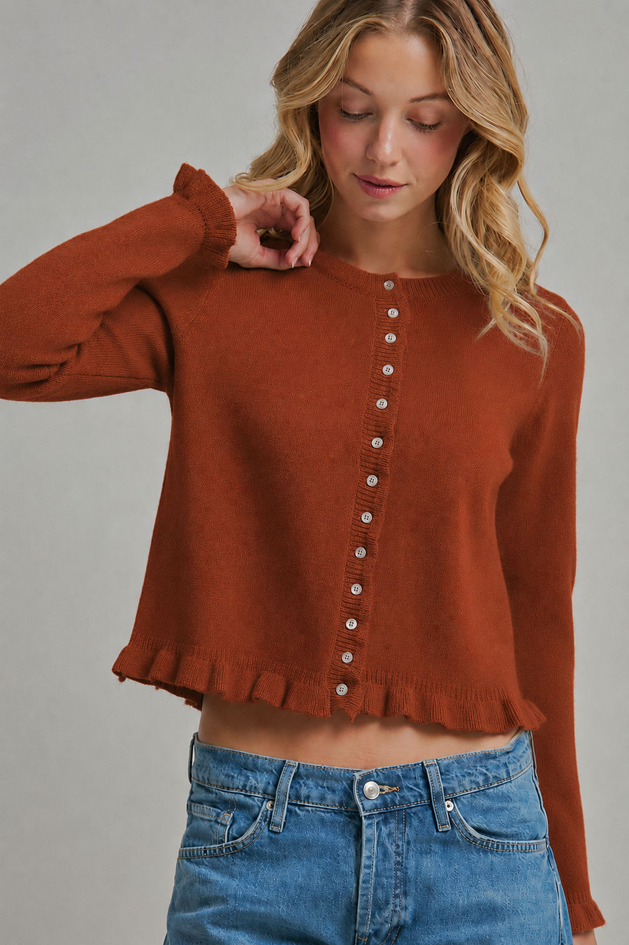 Autumn Ruffle Button-Down Cardigan