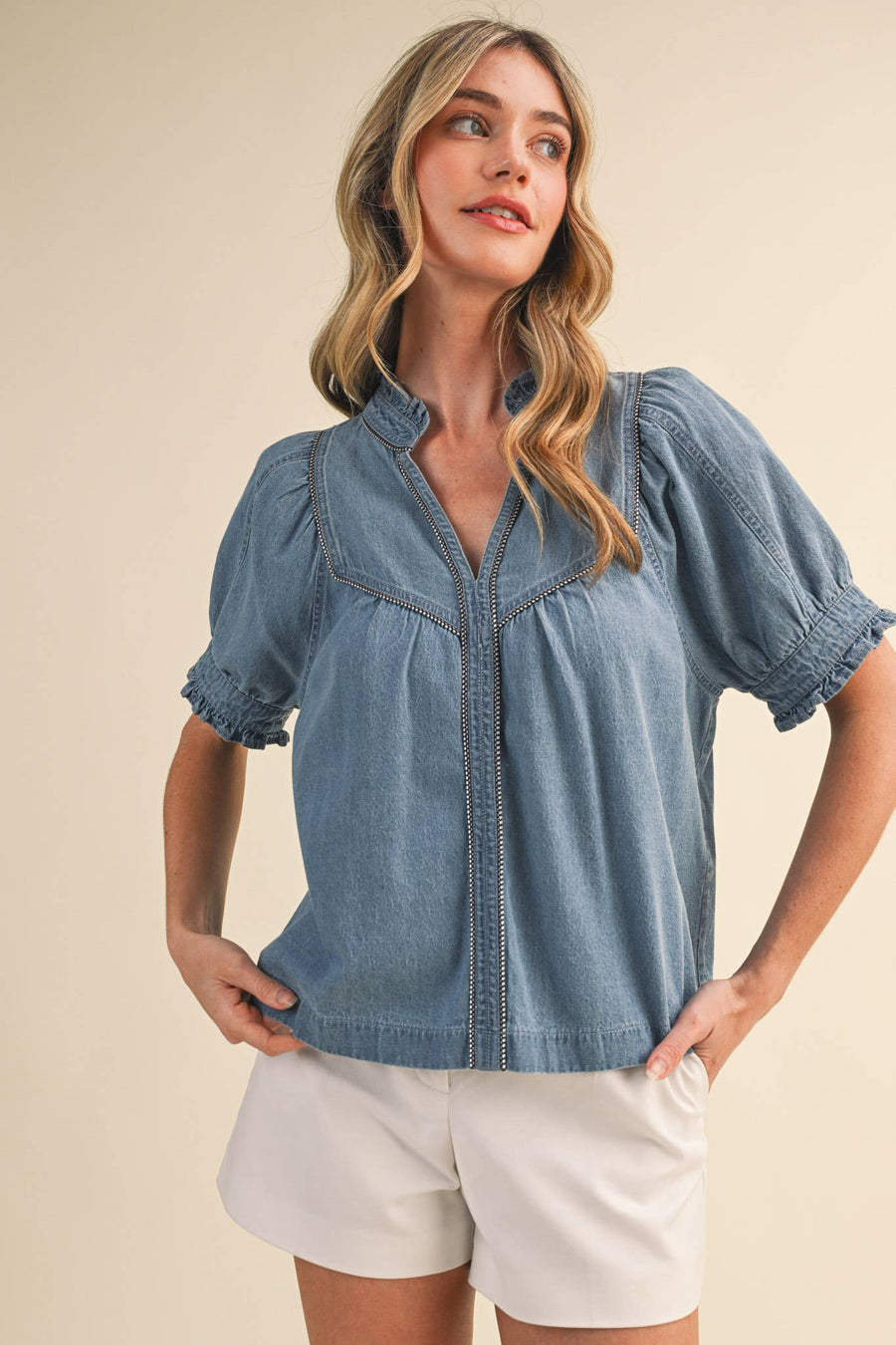 Ruffle & Bloom Chambray Top